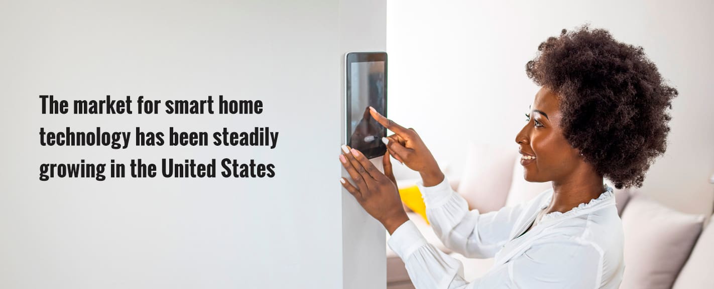 Women pressing smart home tablet